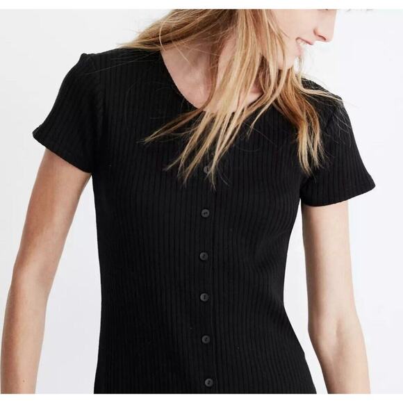 Madewell Dress Size Medium Button Front Ribbed Knit Mini Black Cotton Blend - Picture 2 of 9
